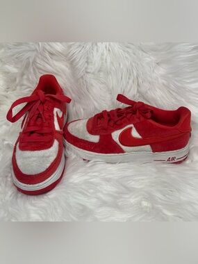 Girls Nike Red and White Suede-Textured Sneakers
